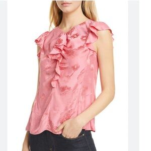 NEW Rebecca Taylor mimosa silk blend ruffle blouse with jacquard floral print